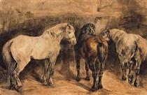 Three horses in their stable - 西奧多·傑利柯