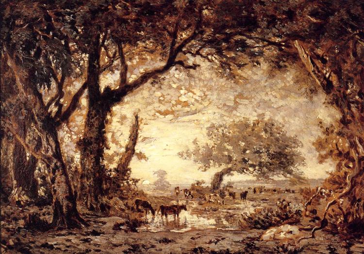 Edge of the Forest at Fontainebleau, Setting Sun, 1850 - Theodore Rousseau