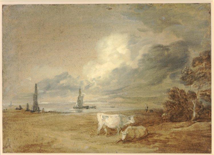 Coastal scene with shipping, figures and cows - 根茲巴羅
