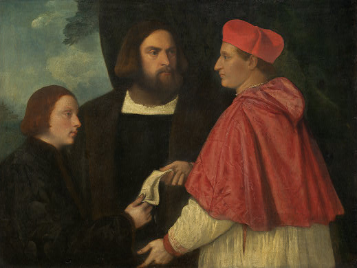 Girolamo and Cardinal Marco Corner Investing Marco, Abbot of Carrara, with His Benefice, c.1520 - Тиціан