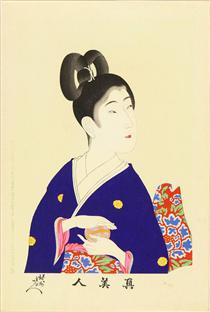 A beauty holding a ball - Тоёхара Тиканобу