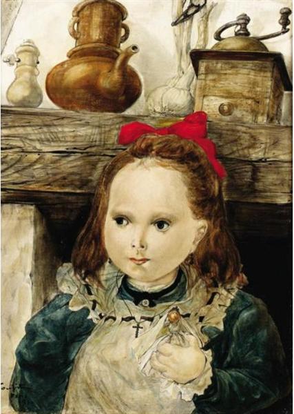 Little Girl with Red Bow by the Fireplace, 1950 - Tsuguharu Foujita