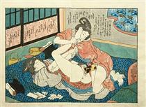 Lesbians having sex by a harikata (dildo) - Utagawa Kunisada