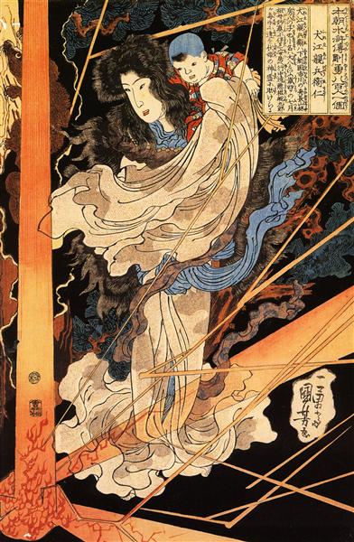 Fusehime saving Inue Shimbyoe Masahi from a thunderboit - Utagawa Kuniyoshi