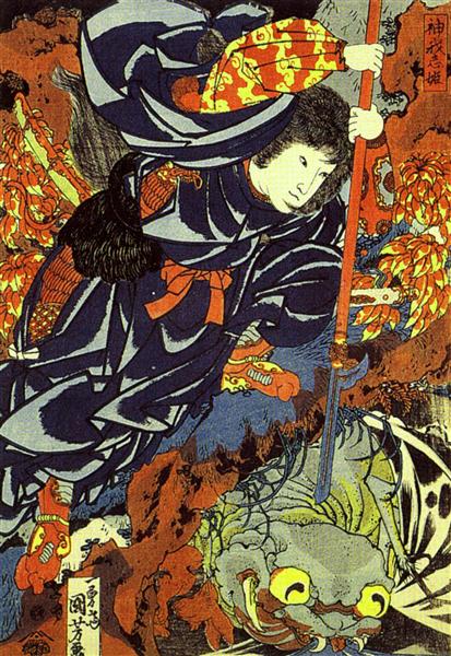 Kamigashihime stabbing a giant spider - Utagawa Kuniyoshi