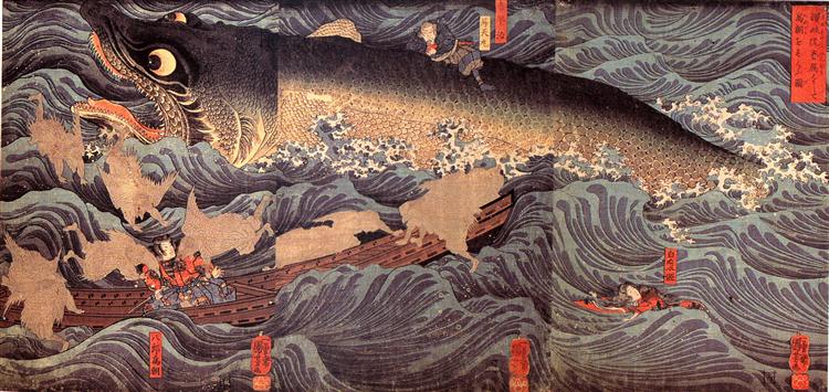 Tametomo rescued from the sea monster by tengu - Utagawa Kuniyoshi