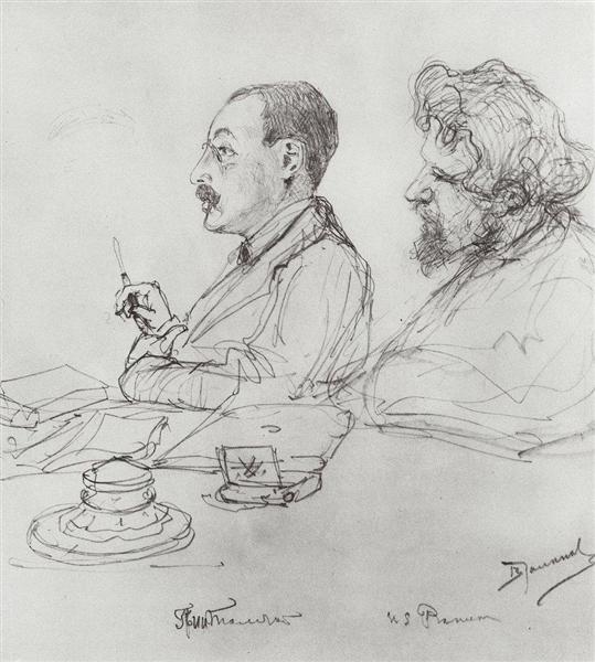 Tolstoi and Repin at a meeting of the Academy of Arts, 1885 - Василь Полєнов