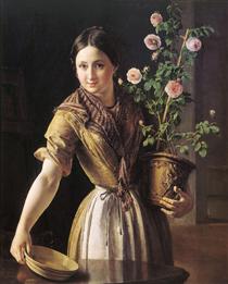 A girl with a pot of roses - Василь Тропінін