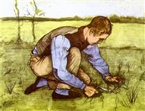 Boy Cutting Grass with a Sickle - 梵谷