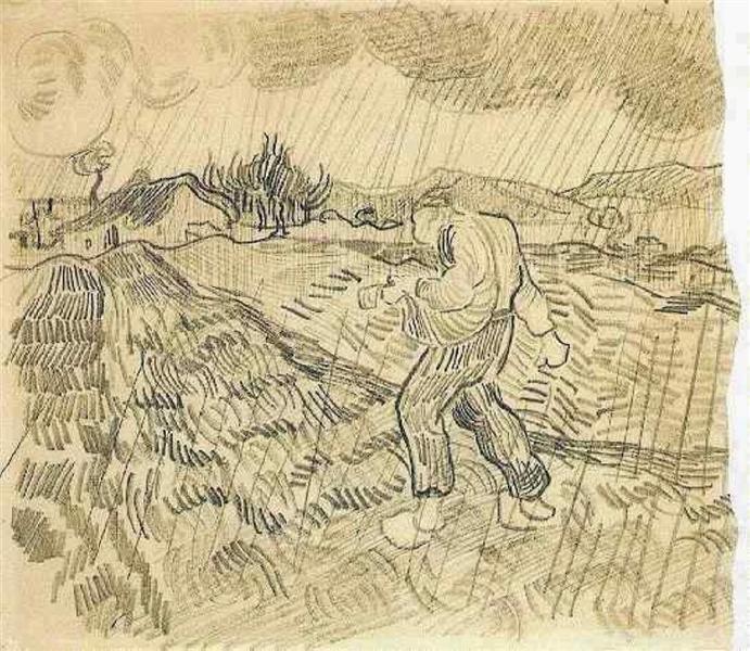 Enclosed Field with a Sower in the Rain, 1889 - 梵谷
