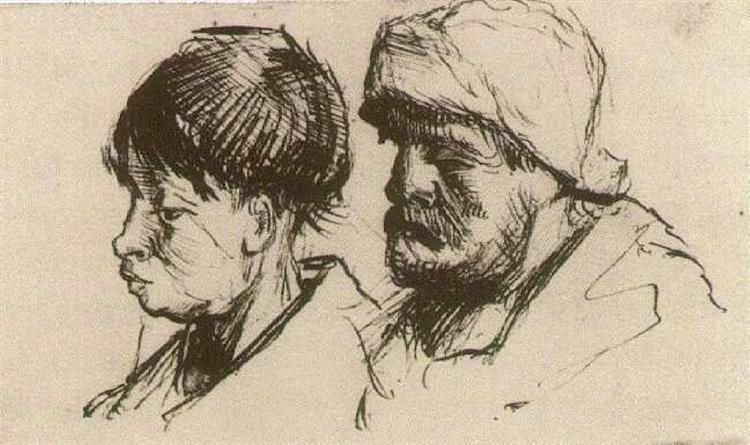 Head of a Girl, Bareheaded, and Head of a Man with Beard and Cap, c.1884 - 梵谷