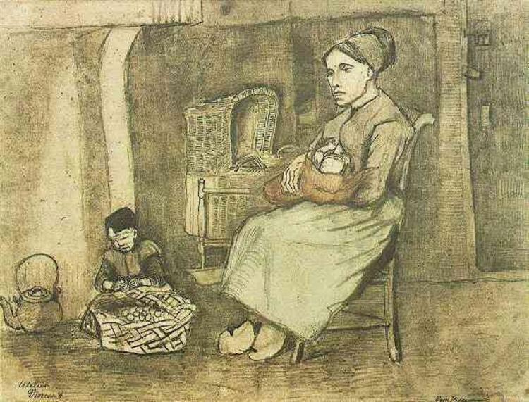 Mother at the Cradle and Child Sitting on the Floor, 1881 - Винсент Ван Гог