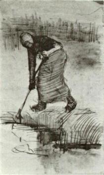 Peasant Woman, Standing near a Ditch or Pool - 梵谷