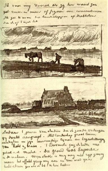 Plowman with Stooping Woman, and a Little Farmhouse with Piles of Peat, 1883 - 梵谷