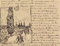 Road with Men Walking, Carriage, Cypress, Star, and Crescent Moon - Vincent van Gogh