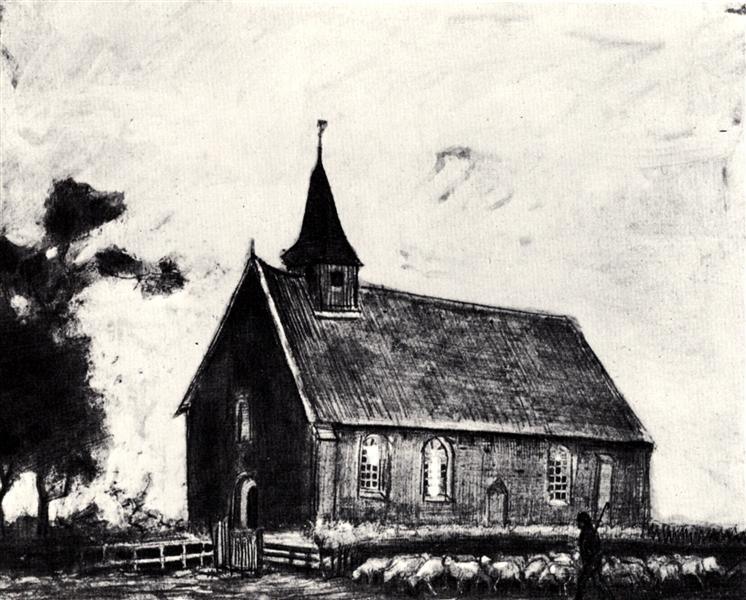 Shepherd with Flock near a Little Church at Zweeloo, 1883 - Винсент Ван Гог