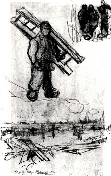 Sketches of a Man with a Ladder, Other Figures, and a Cemetery, 1885 - 梵谷