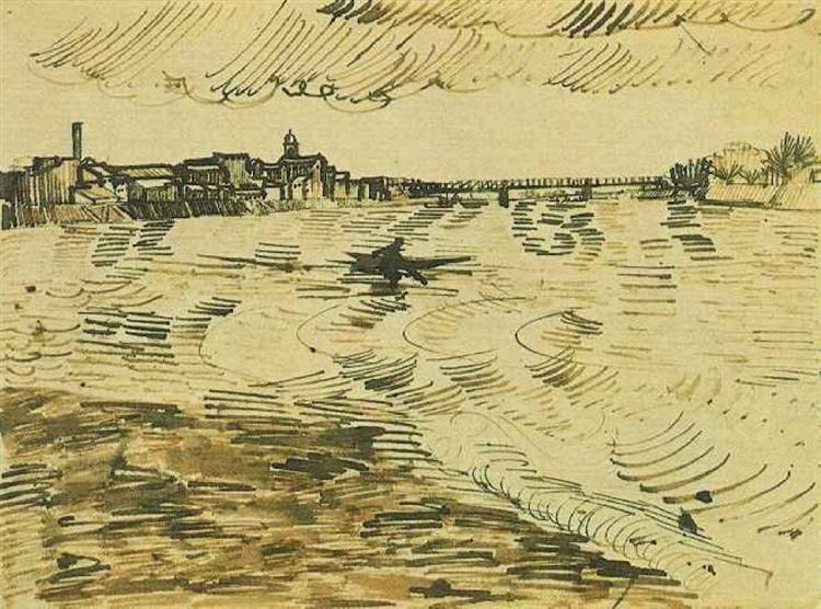The Rhone with Boats and a Bridge, 1888 - 梵谷