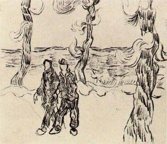 Two Men on a Road with Pine Trees, 1890 - 梵谷