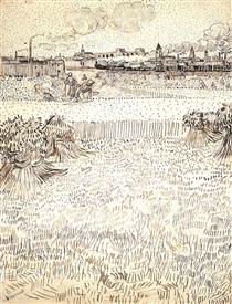 Wheat Field with Sheaves and Arles in the Background - 梵谷