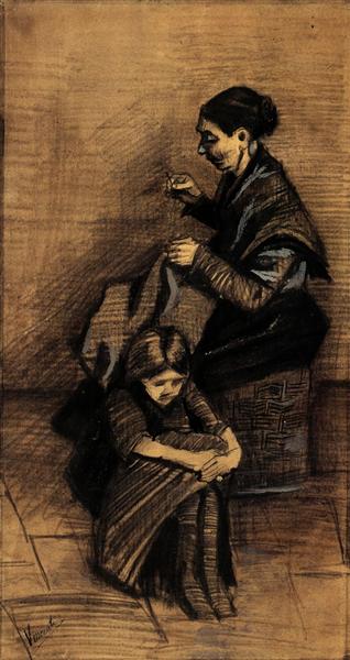 Woman Sewing, with a Girl, 1883 - 梵谷