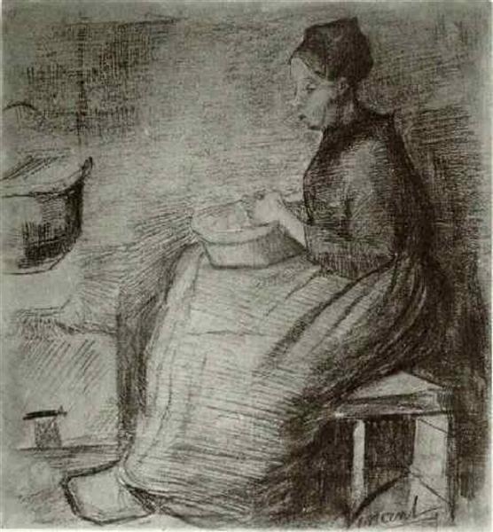 Woman, Sitting by the Fire, Peeling Potatoes, 1885 - 梵谷