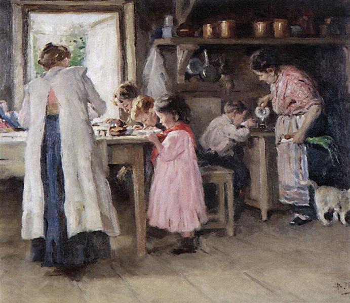 In the Kitchen, 1913 - Wladimir Jegorowitsch Makowski