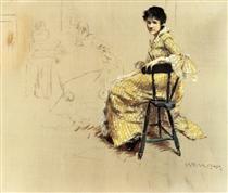 Seated Woman in Yello Striped Gown - William Merritt Chase