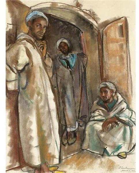 Three figures in the doorway. Marrakesh, 1932 - Zinaida Evgenievna Serebriakova